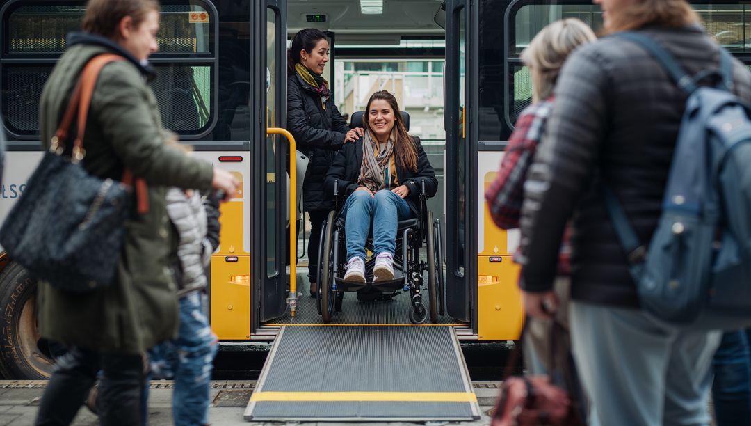 Bus Attendant Assisting Wheelchair User via Ramp
