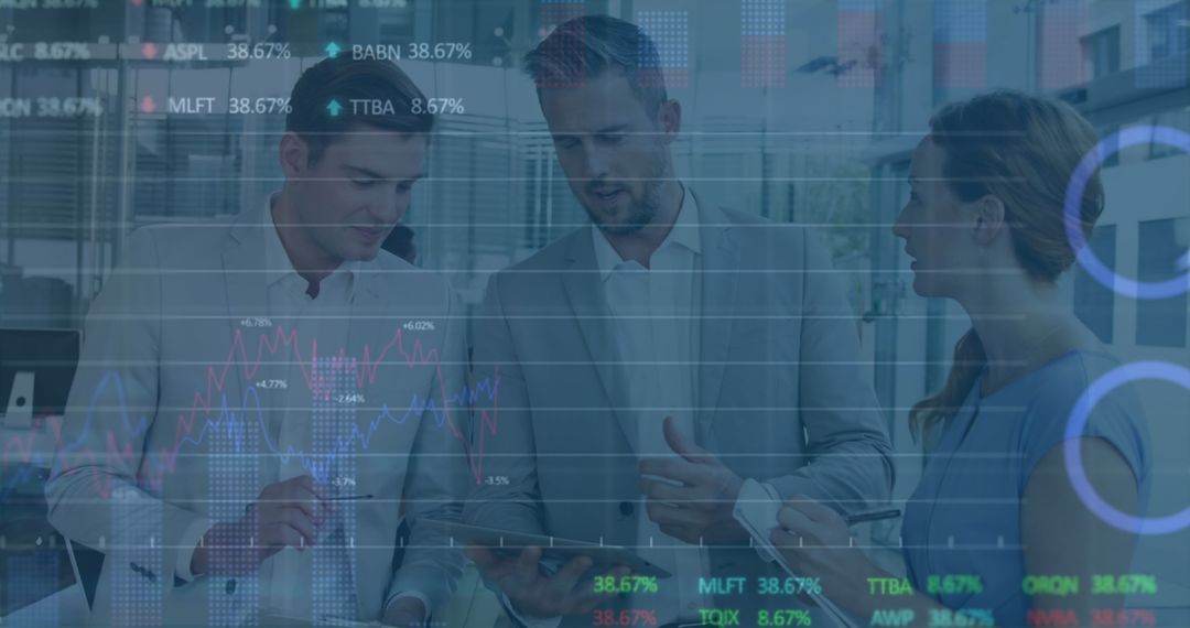 Business Team Analyzing Financial Metrics with Digital Overlay