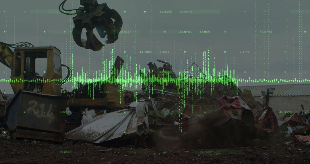 Industrial Machinery Handling Scrap Metal with Digital Data Visualization