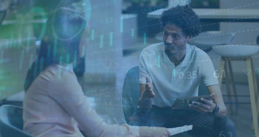 Diverse Professionals Discussing Data Analysis with Overlay of Stock Market Graphics