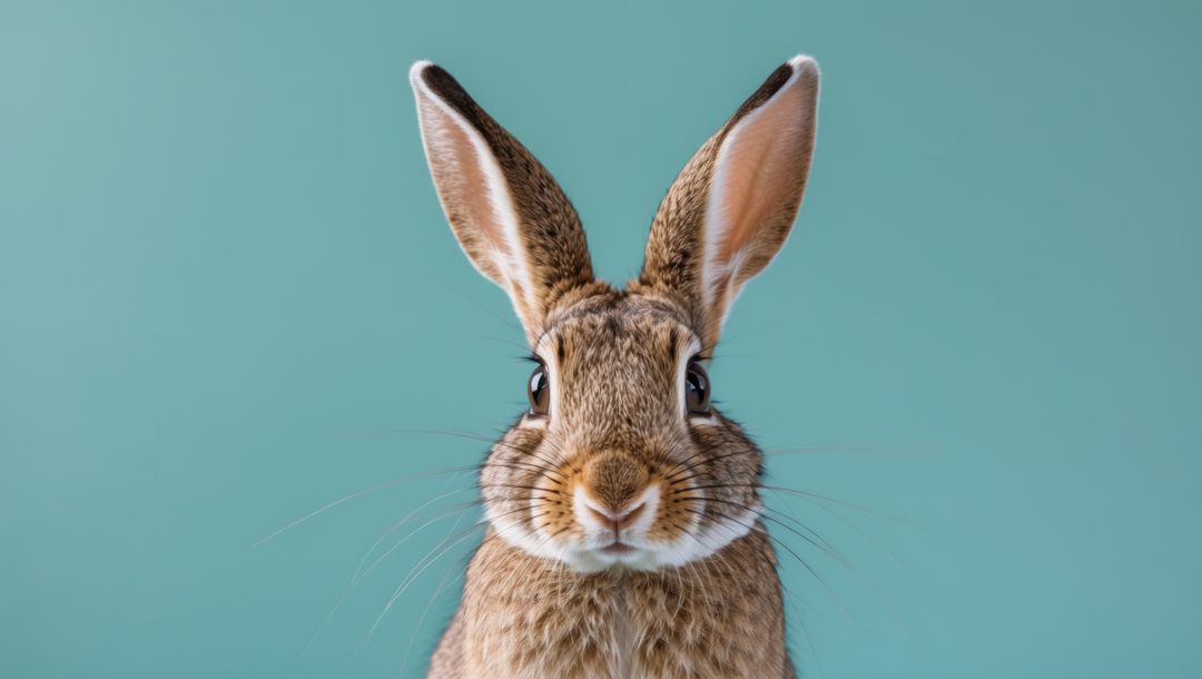 Brown cottontail rabbit close-up against teal background