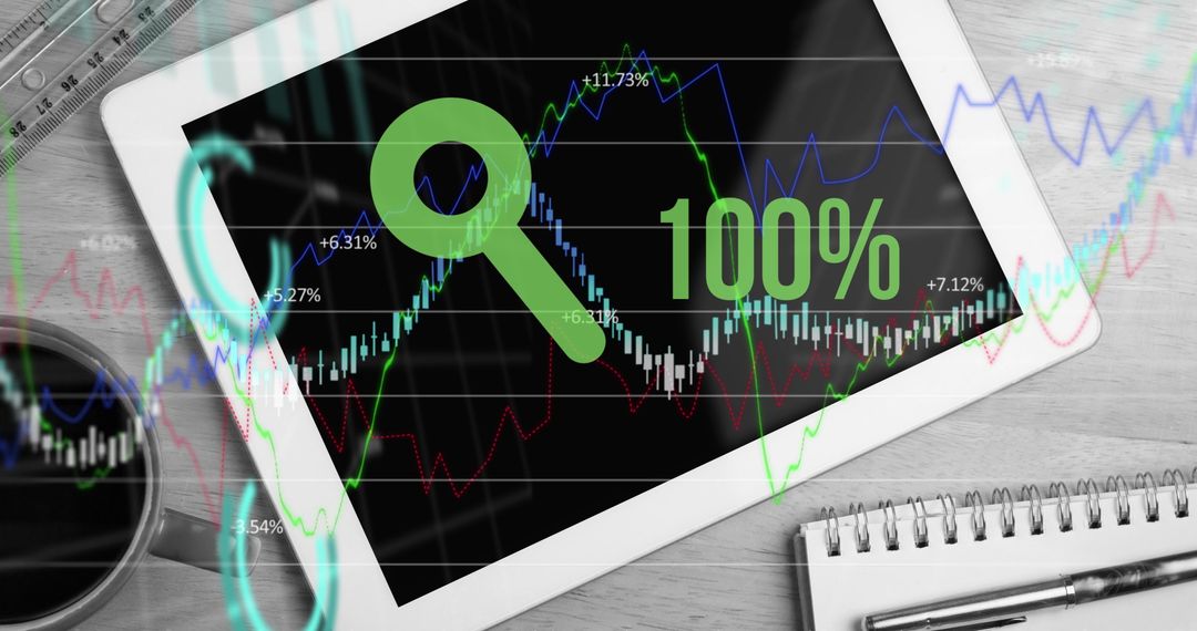 Financial data analysis with tablet and growth chart