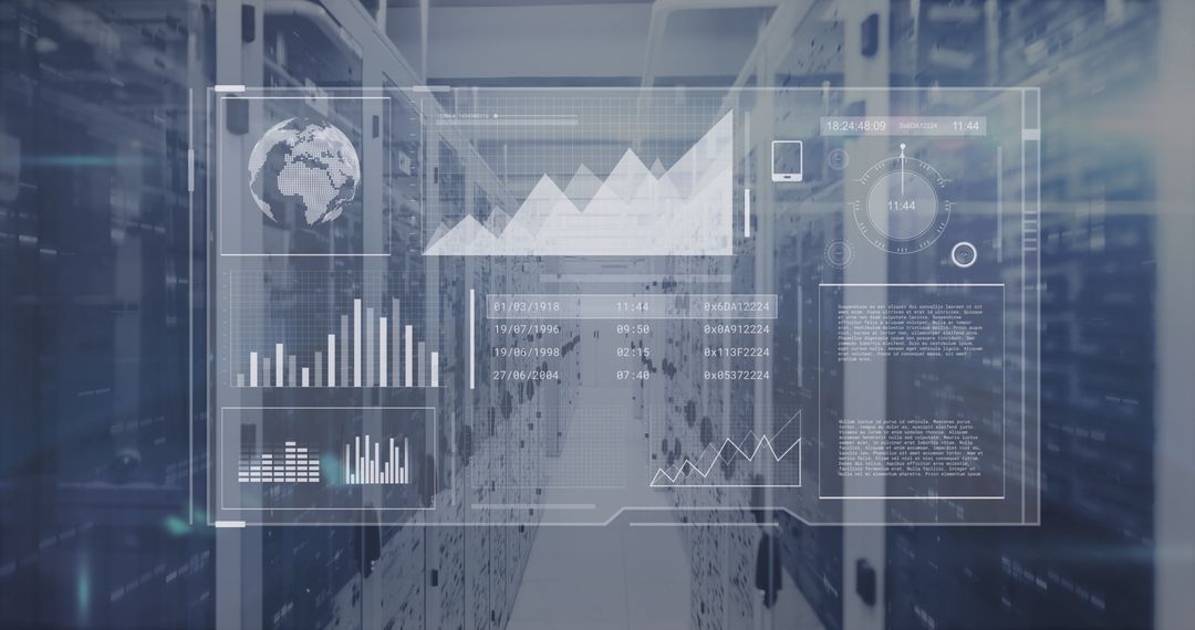 Digital Screen Overlay Displaying Data over Server Room