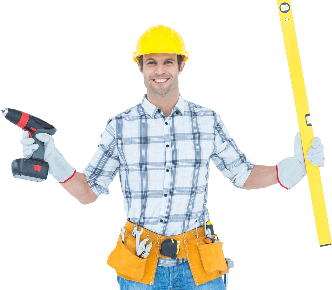 Confident Technician with Drill and Spirit Level Transparent Background