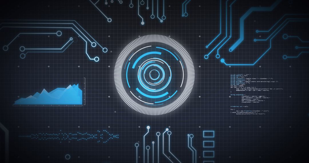 Futuristic Digital Processor with Data Overlays on Grid Background