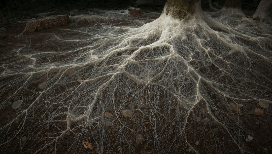 Ghostly Mycelium Web Draping Exposed Tree Roots on Mossy Forest Floor, Intricate Fungal Network