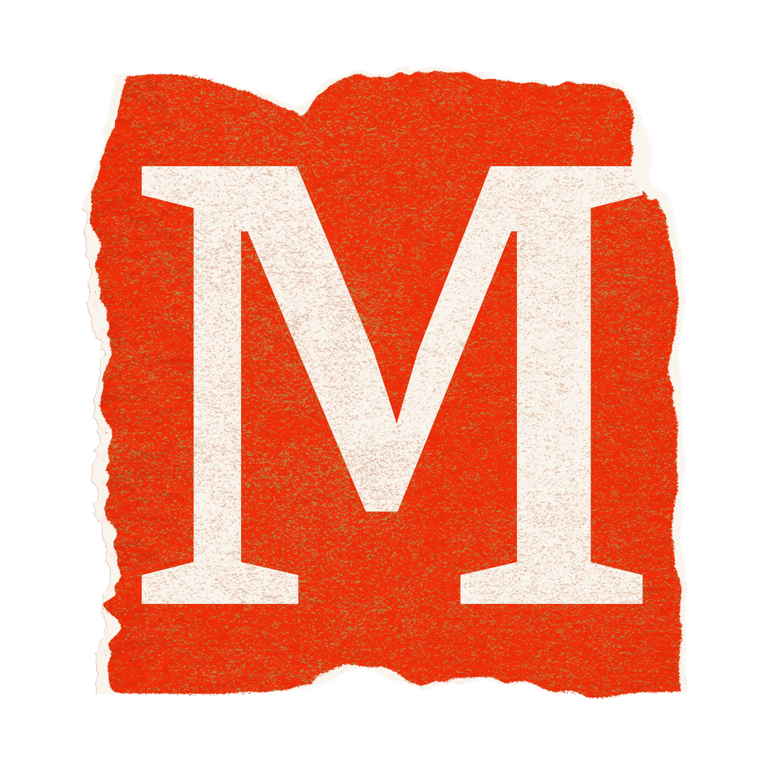 Flat White M on Torn Red Paper with Transparent Background