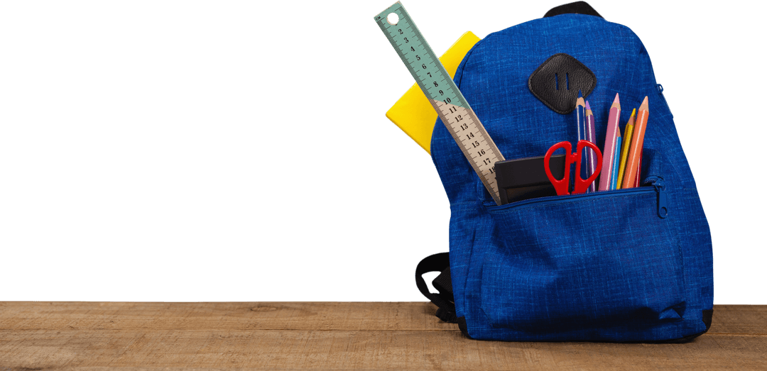 Transparent Blue School Backpack with Stationery Items on Desk