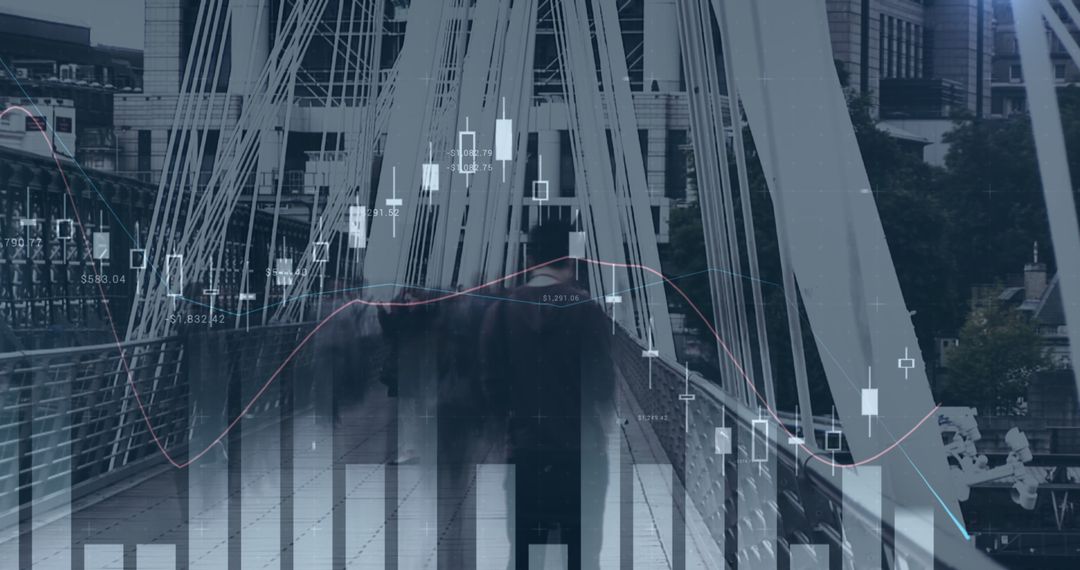 Businessman Walking on Bridge with Overlaid Financial Data Charts