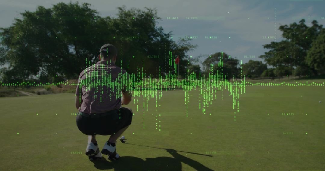 Golfer Analyzing Putt with Data Overlay on Green