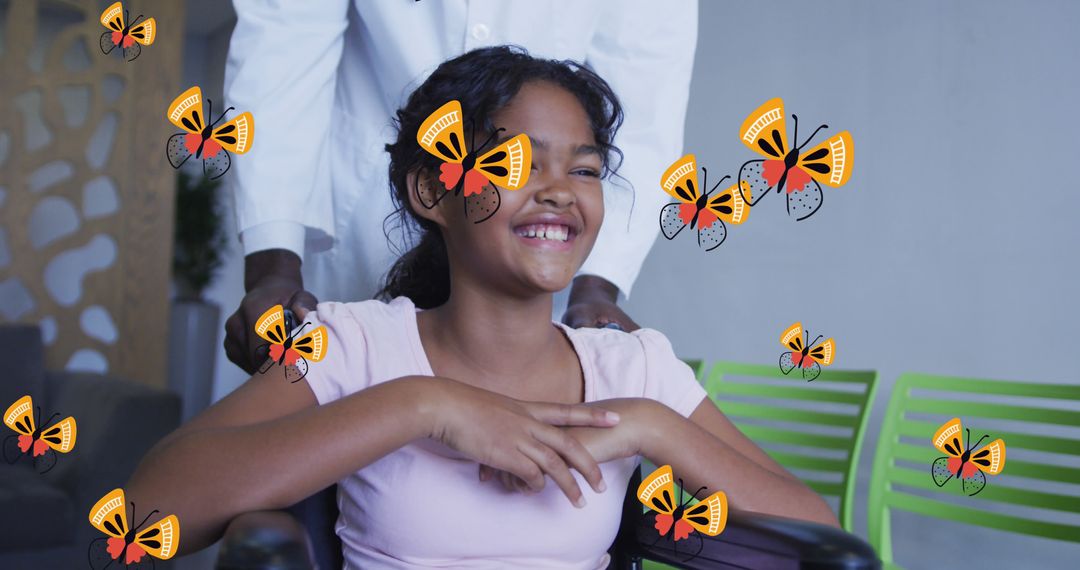 Joyful Girl in Wheelchair with Butterflies Surrounding Her - Free Images, Stock Photos and Pictures on Pikwizard.com