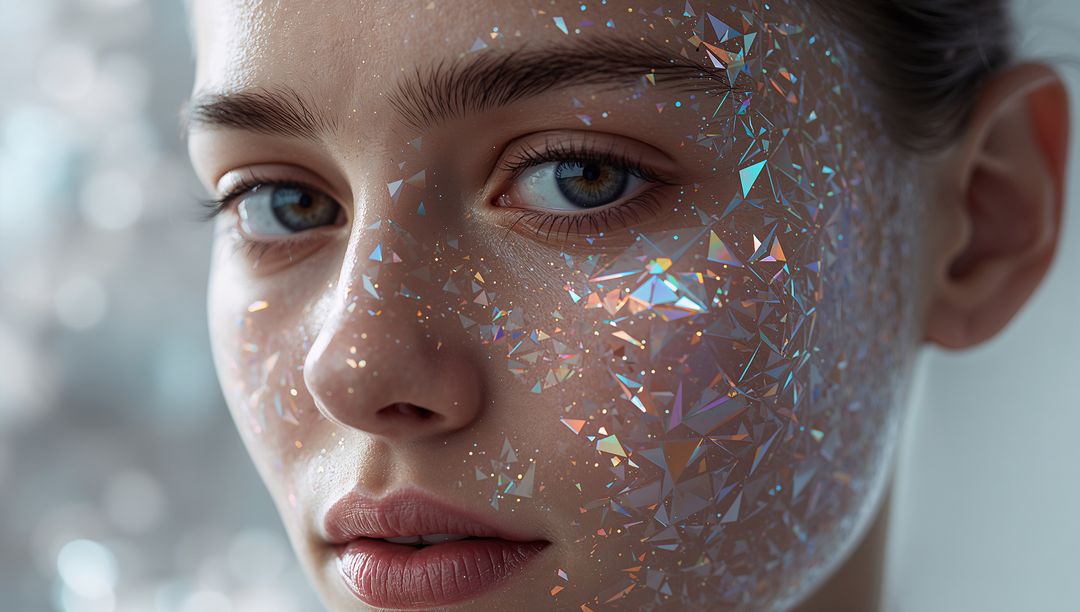 Wearing holographic triangular foil flakes on face, iridescent mosaic makeup close-up portrait