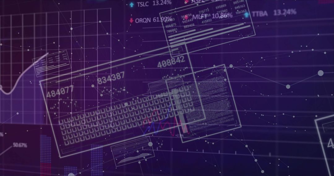 Futuristic floating wireframe keyboard with analytics panels and network visualization