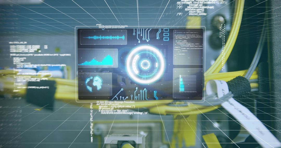 Futuristic Data Processing Display Over Network Cables