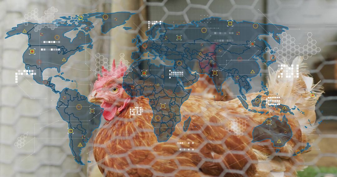 Brown Hen in Coop with Digital Connectivity World Map Overlay
