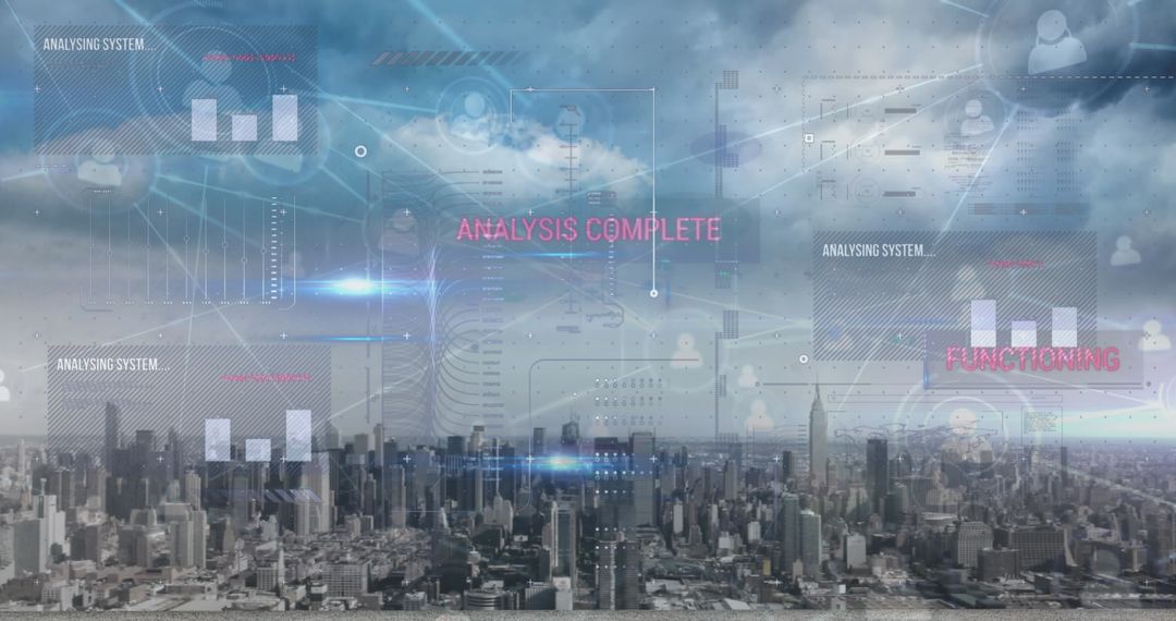 Digital Interface Displaying Data Analysis Over City Skyline