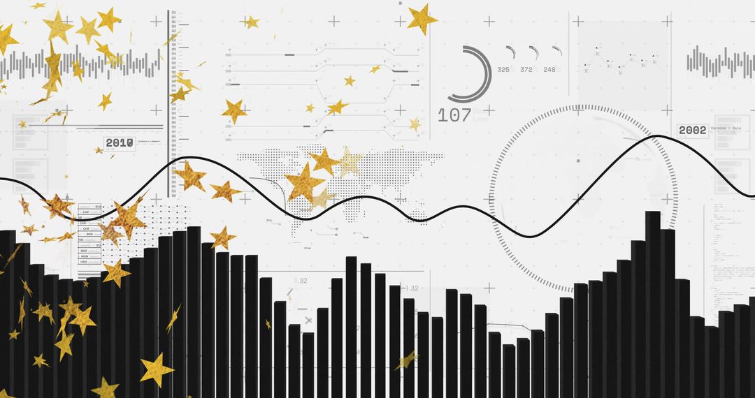 Presenting black bar chart showing flowing line, gauge 107 and gold stars on data dashboard