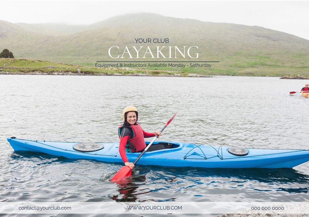 Smiling Woman Kayaking on Scenic Lake Promoting Nature Excursions - Download Free Stock Templates Pikwizard.com