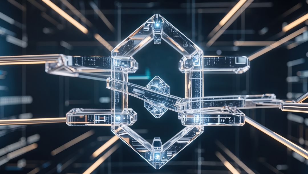 Futuristic Digital Network Grid with Floating Transparent 3D Structure