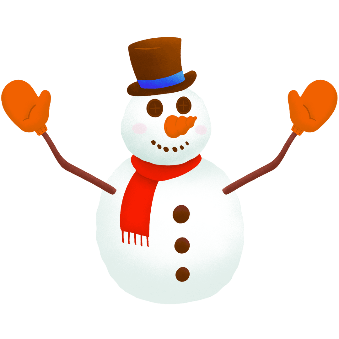 Festive Snowman Icon with Top Hat and Red Scarf on Transparent Background