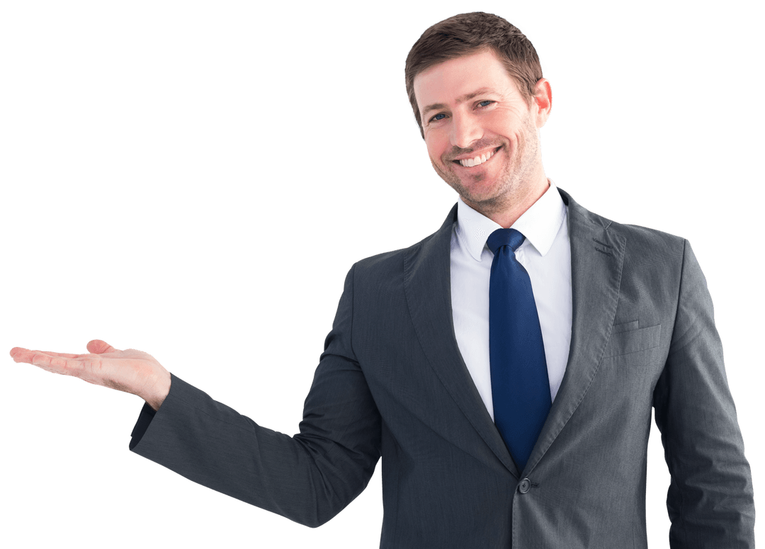 Confident Businessman Presenting with Outstretched Hand Transparent