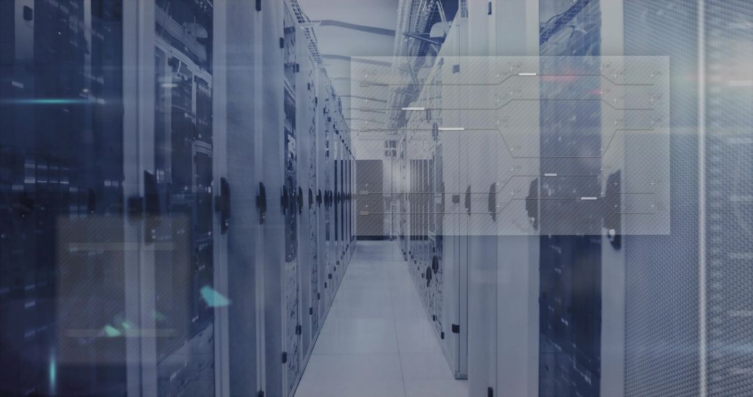 Futuristic Data Center Aisle with Digital Overlay and LED Lights