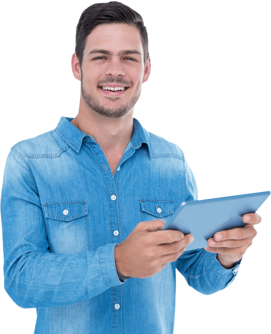 Smiling Man in Denim Holding Transparent Digital Tablet
