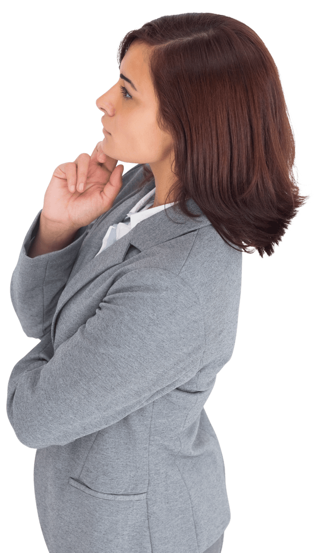 Thoughtful Businesswoman on Transparent Background in Gray Suit