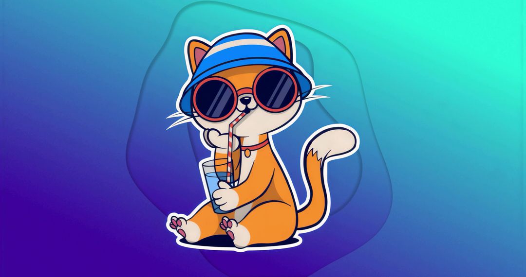 Cartoon orange cat sipping from glass in summer attire
