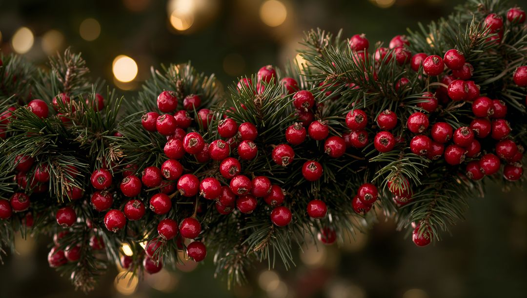 Evergreen Garland Featuring Glossy Red Berries and Warm Bokeh Lights for Holiday Decor