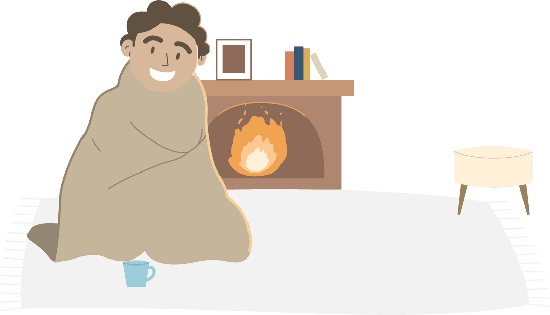 Cozy Man by Fireplace Under Blanket on Transparent Background