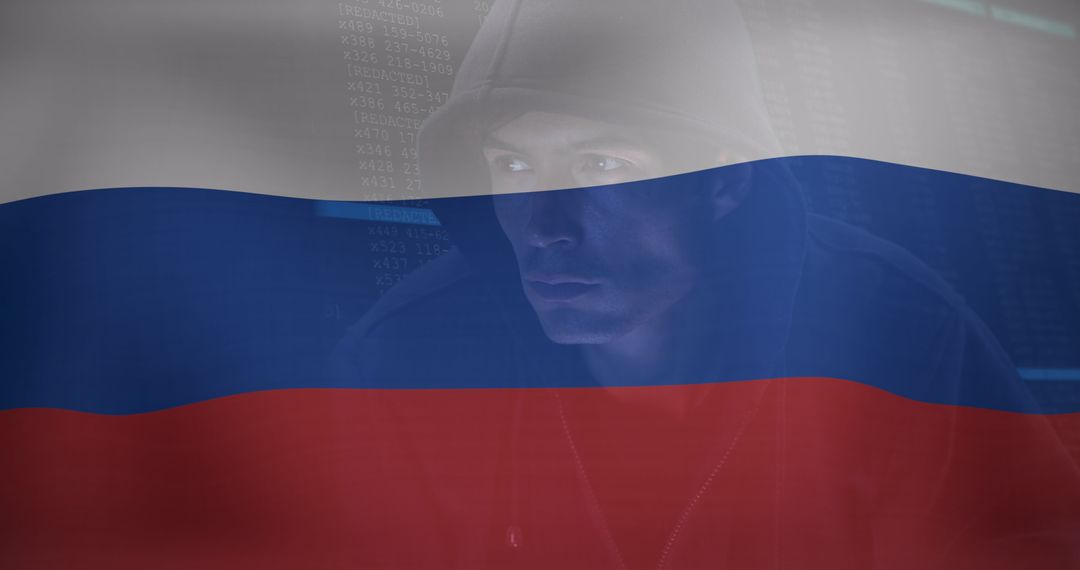 Hacker with Russian Flag Background Illustrating Cyber Warfare