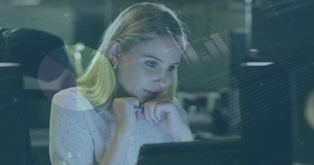 Thoughtful Woman Analyzing Data with Financial Graphs Overlay