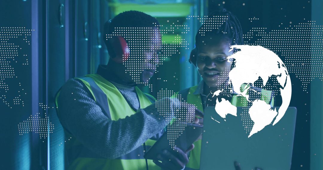 IT Technicians Working in Data Center with Digital Overlay
