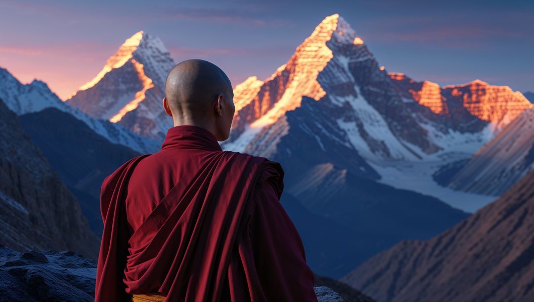 Solitary Monk in Meditative View of Snow-Capped Peaks at Sunrise