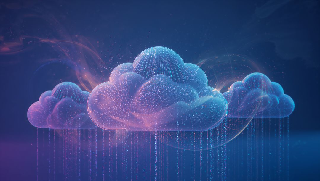 Glowing Digital Clouds Streaming Data in Futuristic Cosmos