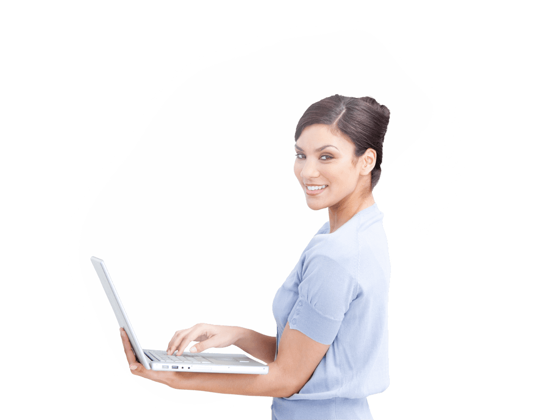 Cheerful Businesswoman Using Laptop with Positive Energy on Transparent Background