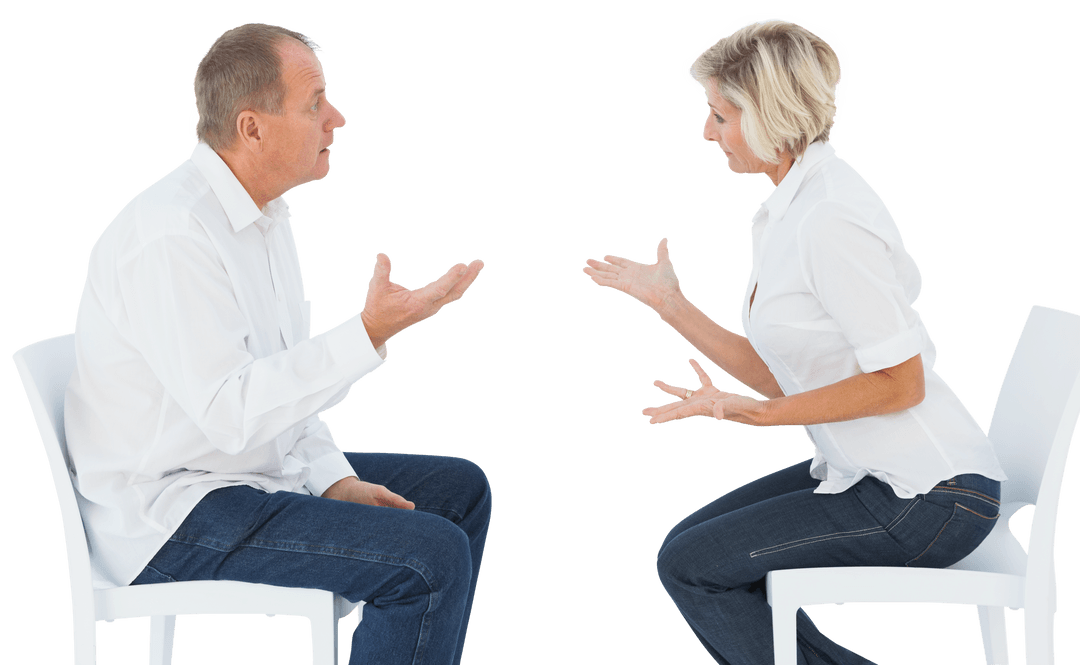Transparent Mature Couple Arguing in Chairs in Tense Conversation