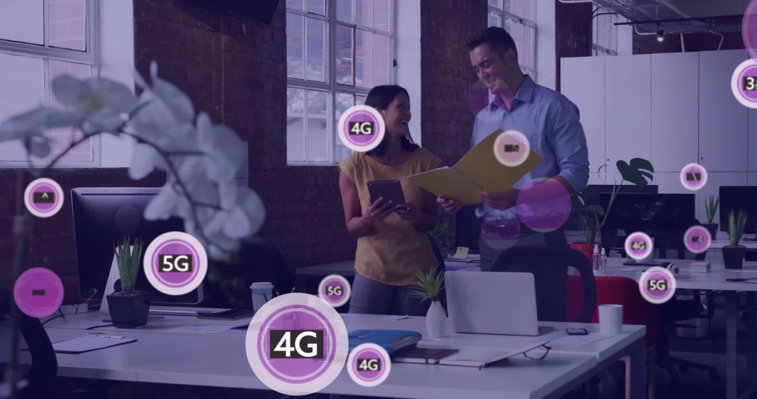 Business Professionals Analyzing Data with 5G Network Overlay