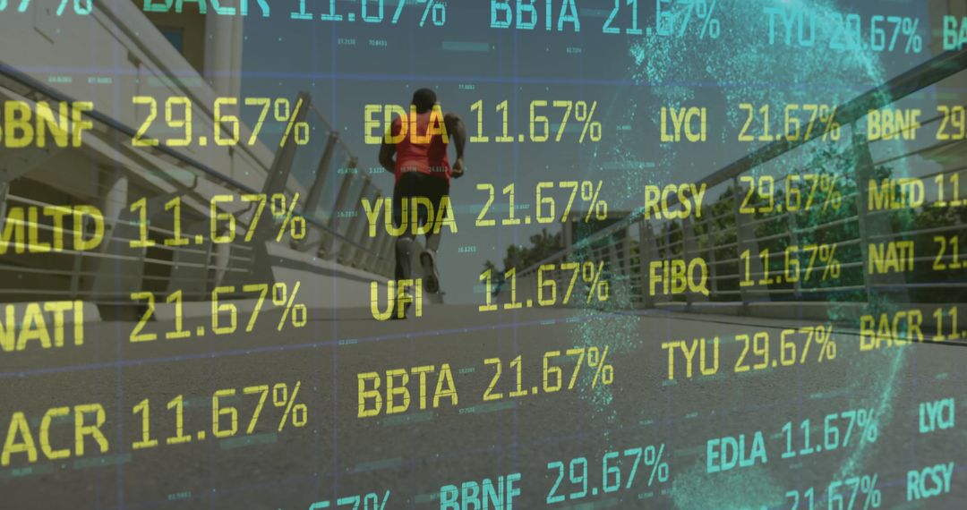 Sports Enthusiast Running with Financial Tickers Overlay