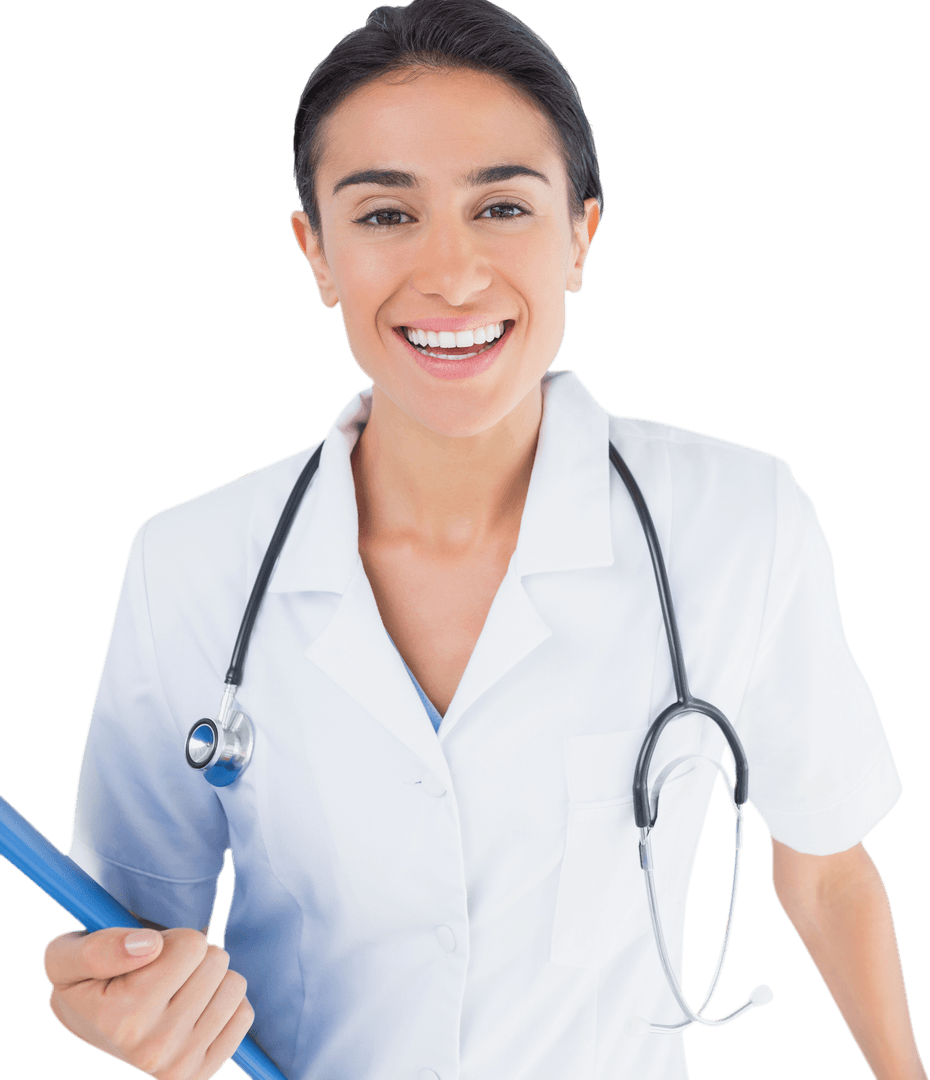 Smiling Female Doctor Holding Clipboard on Transparent Background