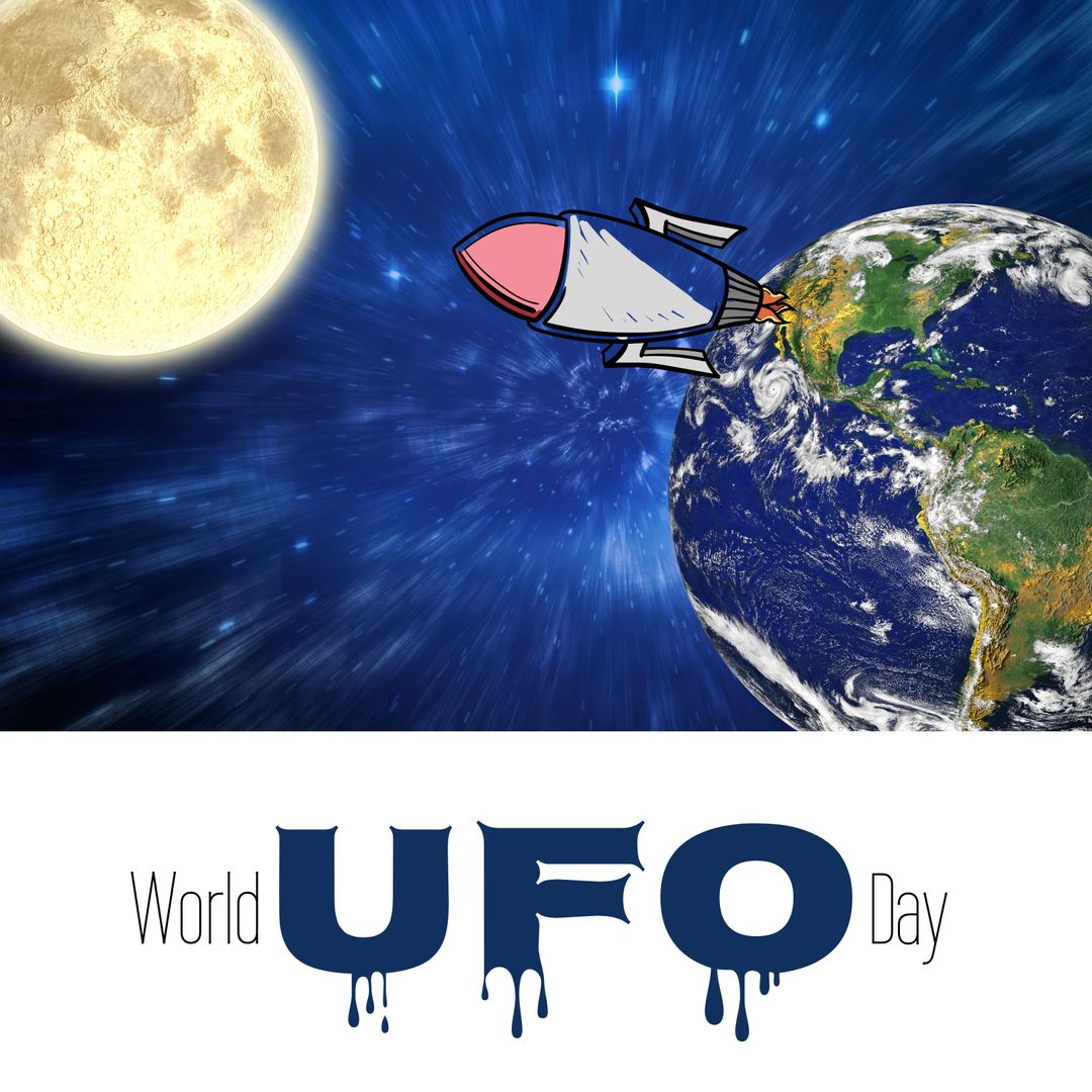 World UFO Day Celebration with Rocket Space Travel Concept
