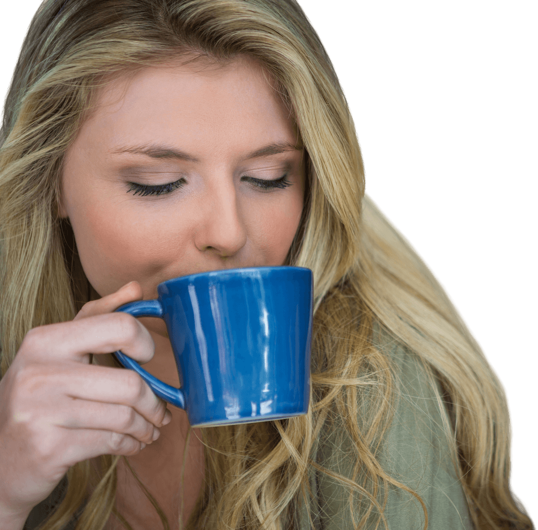 Happy Caucasian Woman Sipping Coffee for Relaxation on Transparent Background