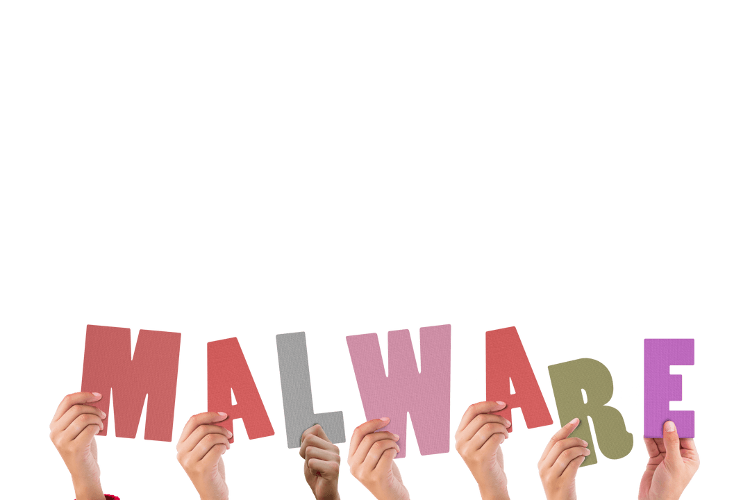 Diverse Hands Holding Malware Text on Transparent Background