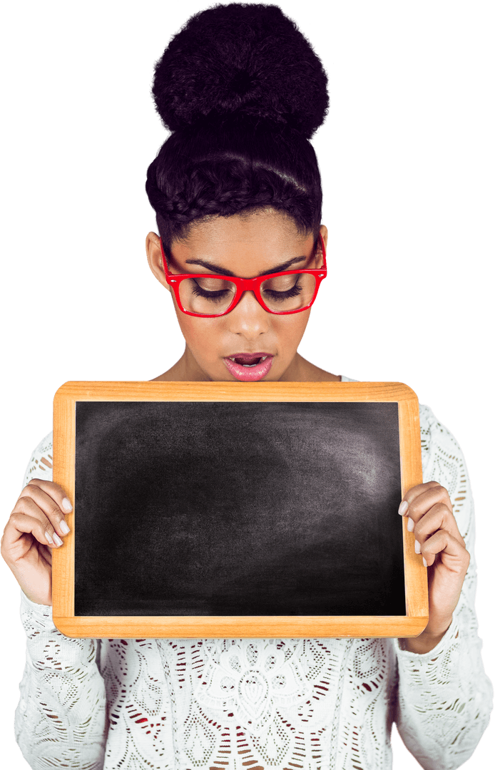 Transparent Background Woman Holding Blank Chalkboard