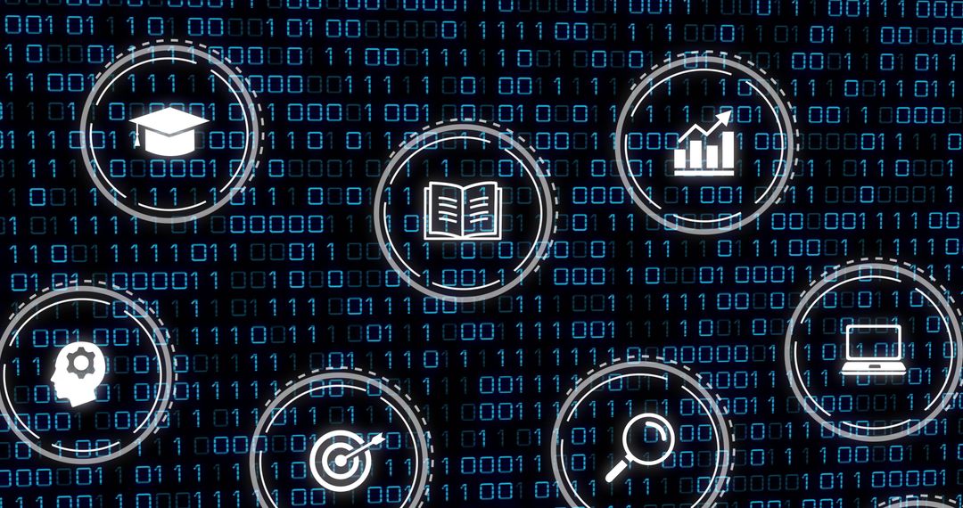 Binary Code Network with Digital Data and Education Icons