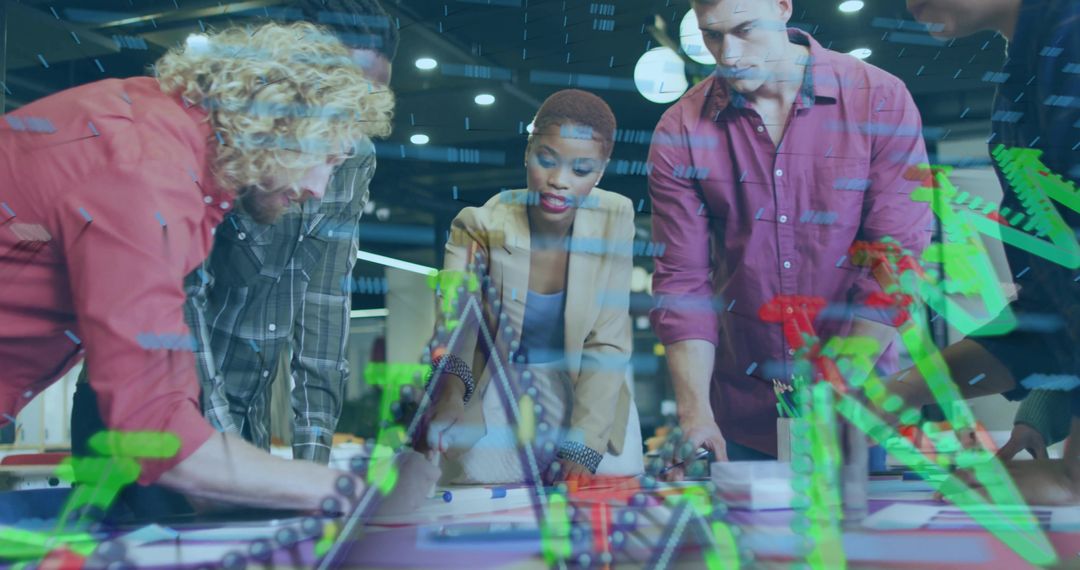 Leading woman guiding team around table with virtual green and red data charts overlay