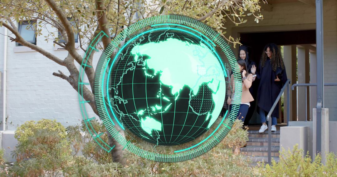 Green Holographic Globe Projecting Over College Entrance, Students Descending Steps