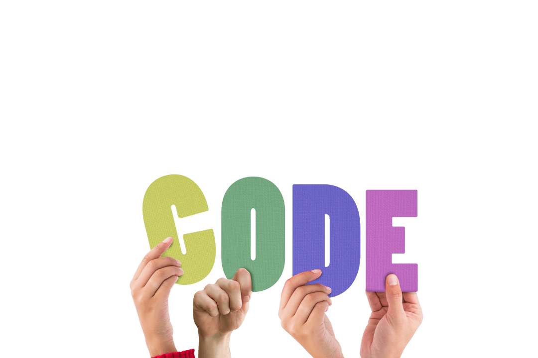 Hands Holding Colorful Letters Spelling CODE on Transparent Background