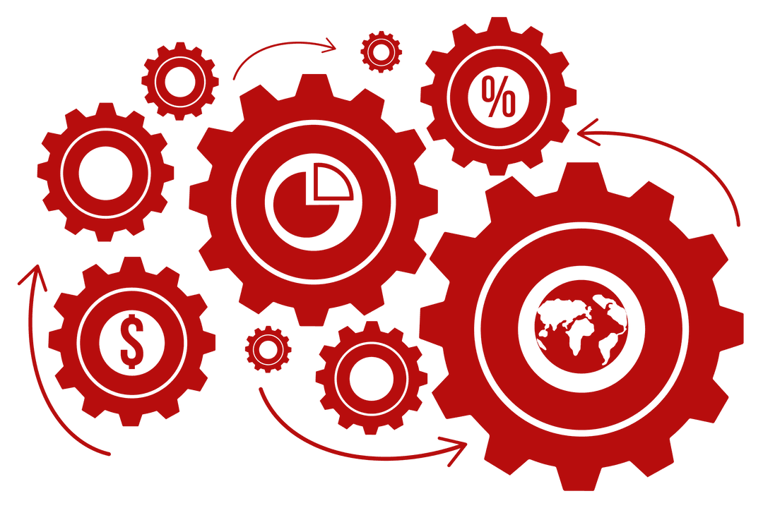 Red Cogs with Business Icons on Transparent Background